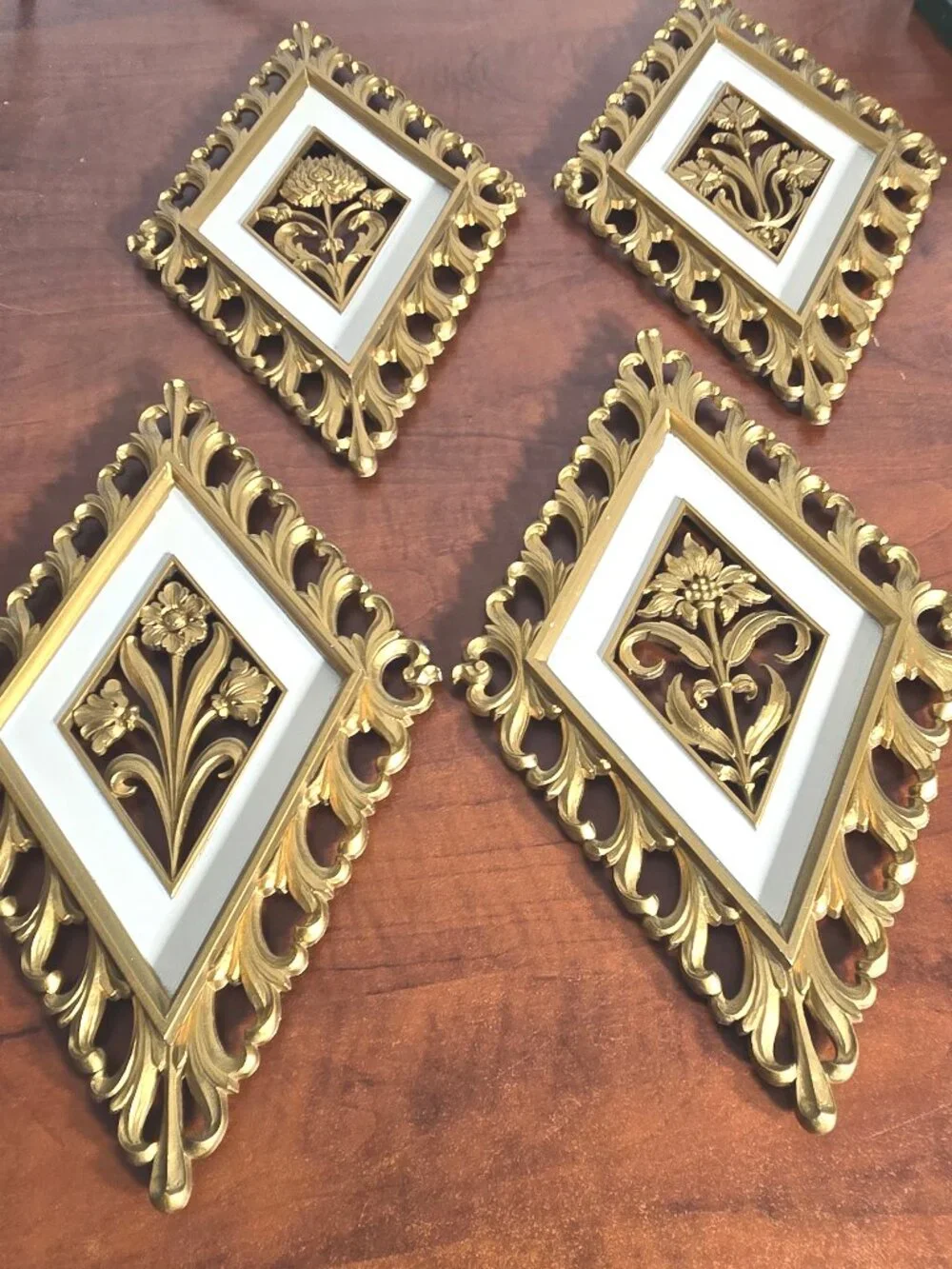 Vintage 1970s Homco Gold Diamond Floral Wall Art - Faux Wood Resin Set of 4